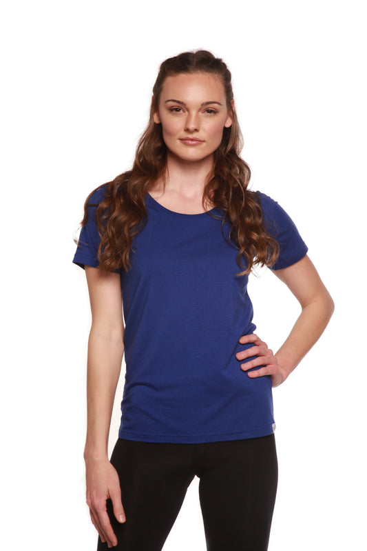 Woman wearing a blue t-shirt on a white background